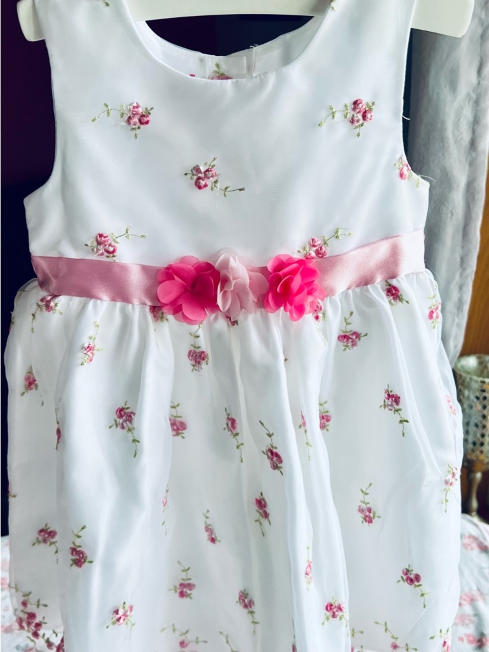 White & Pink Floral Girls' Casual Dress with Pink Sash